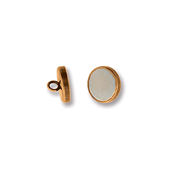 Magnetic clasp half in antiqued copper showing the silver-tone magnet face beside a side view of the ring loop