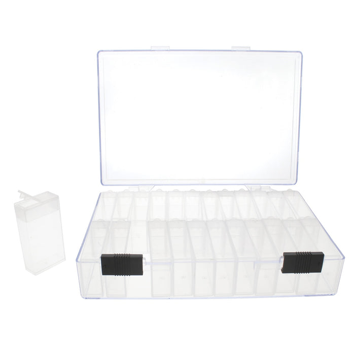 Organizer case with 24 flip top boxes, open and empty with one box removed beside it