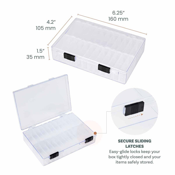 Organizer case dimensions 6.25 x 4.2 x 1.5 inches with callout of secure sliding latches