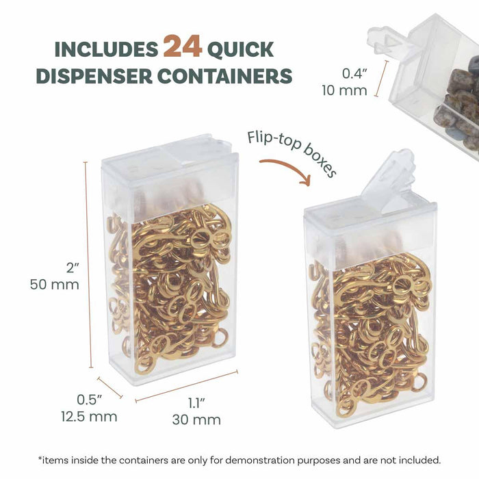 Flip top dispenser containers filled with gold jump rings, each 2 x 1.1 x 0.5 inches, one with lid open