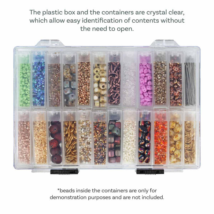 Crystal clear organizer case with 24 flip top boxes filled with assorted beads for easy identification