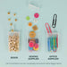 Flip top boxes holding beads, sewing buttons and paper clips, with lids removable for larger items
