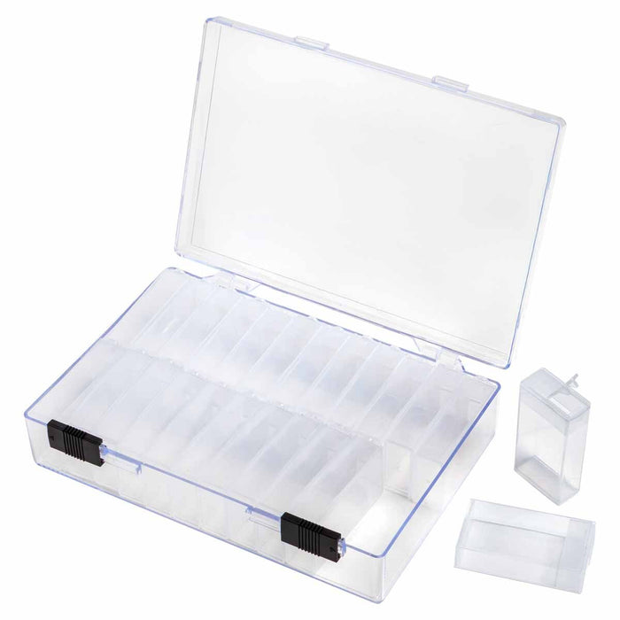 Empty clear organizer case opened at an angle with a flip top box and a loose lid beside it