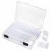 Empty clear organizer case opened at an angle with a flip top box and a loose lid beside it