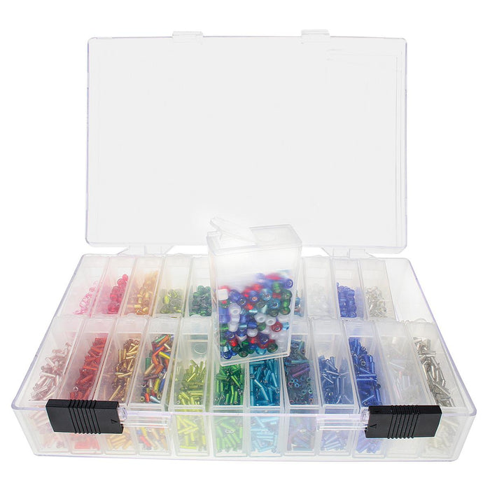 Organizer case with flip top boxes of rainbow sorted glass beads, one box of mixed beads resting on top