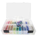 Organizer case with flip top boxes of rainbow sorted glass beads, one box of mixed beads resting on top