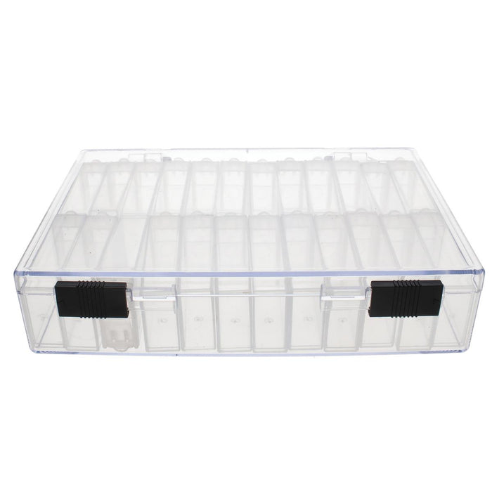 Closed clear organizer case seen from the front with two black sliding latches