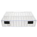 Closed clear organizer case seen from the front with two black sliding latches