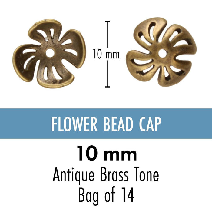 Antiqued brass flower bead cap spec card showing front and back views, 10 mm, antique brass tone, bag of 14