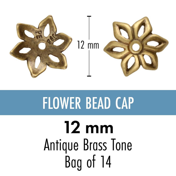 Antiqued brass flower bead cap front and back views with 12mm size, antique brass tone, bag of 14 text