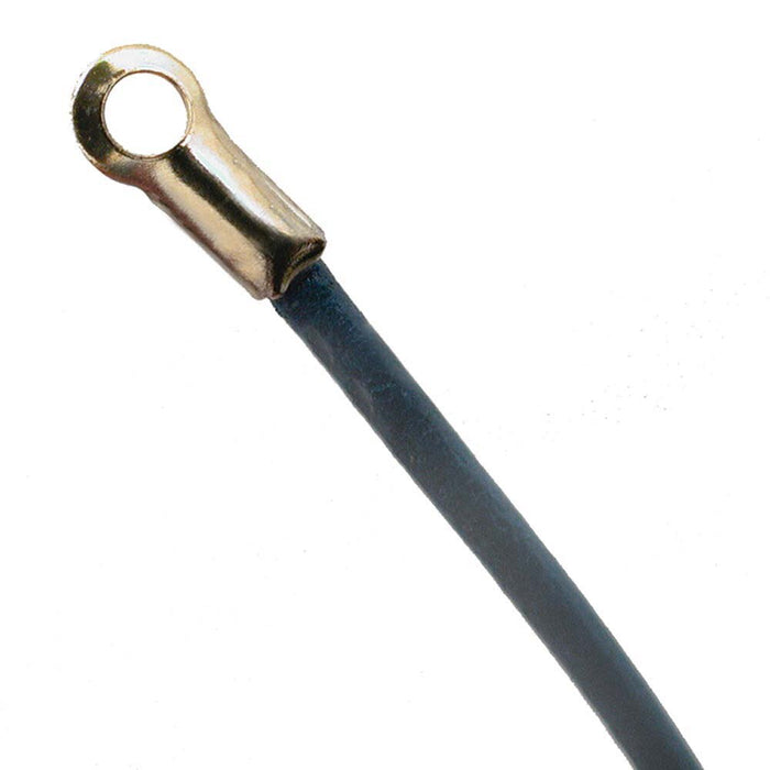 Blue cord finished with a folded metal crimp end forming a small loop