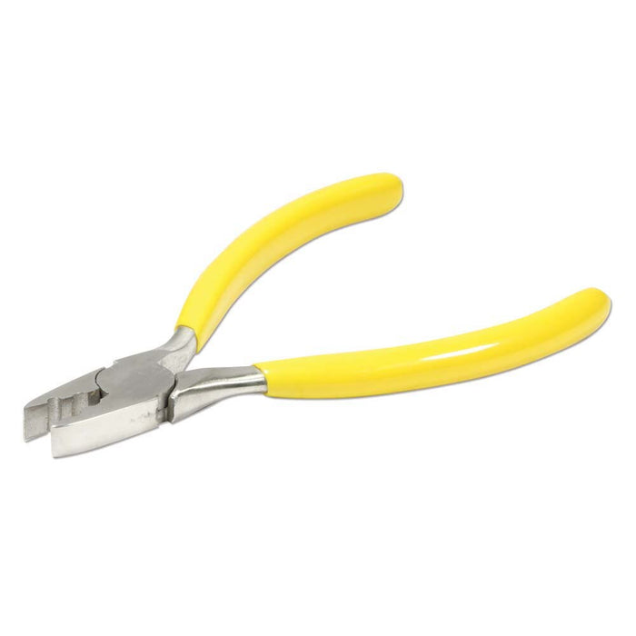 Fold over crimp pliers with yellow handles angled to show the flat jaw from the left side