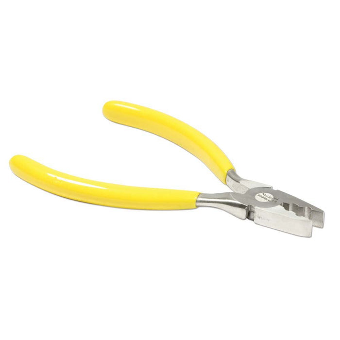 Yellow-handled crimp pliers angled to the right, showing the flat steel jaw and joint