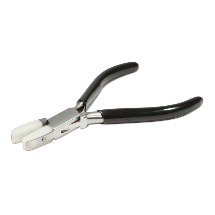 BeadSmith double nylon jaw flat nose pliers with black handles, jaws pointing left, open slightly