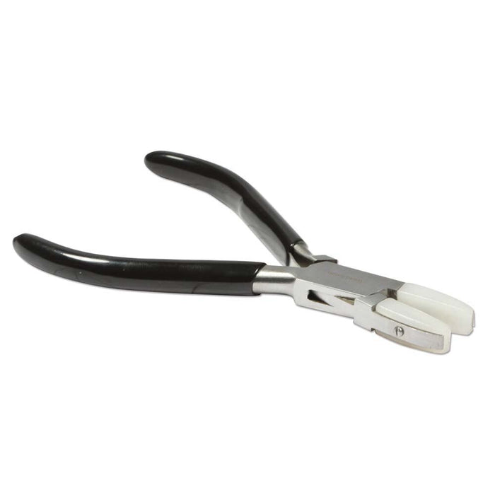 Opposite side view of flat nose pliers with white nylon jaws pointing right and black cushioned handles