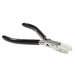 Opposite side view of flat nose pliers with white nylon jaws pointing right and black cushioned handles