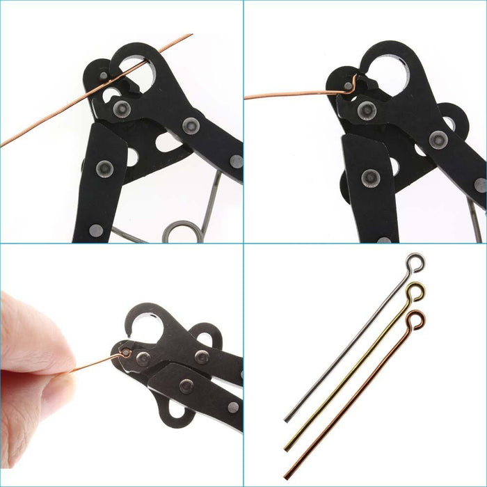 Four-step panel showing the One Step Looper bending copper wire into an eye pin loop, with finished eye pins