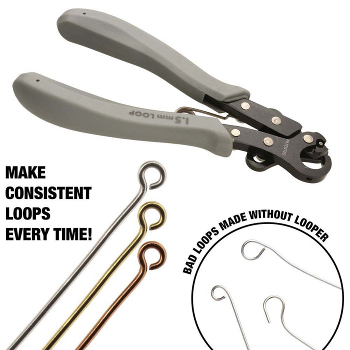BeadSmith One Step Looper with consistent eye pin loops compared to uneven loops made without the tool