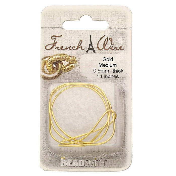 Gold medium French wire, 0.9mm, 14 inches, coiled on a BeadSmith card with a slightly looser loop