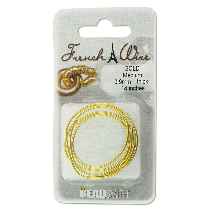 Gold French wire packaged on its BeadSmith backing card, neatly coiled and labeled medium, 0.9mm thick