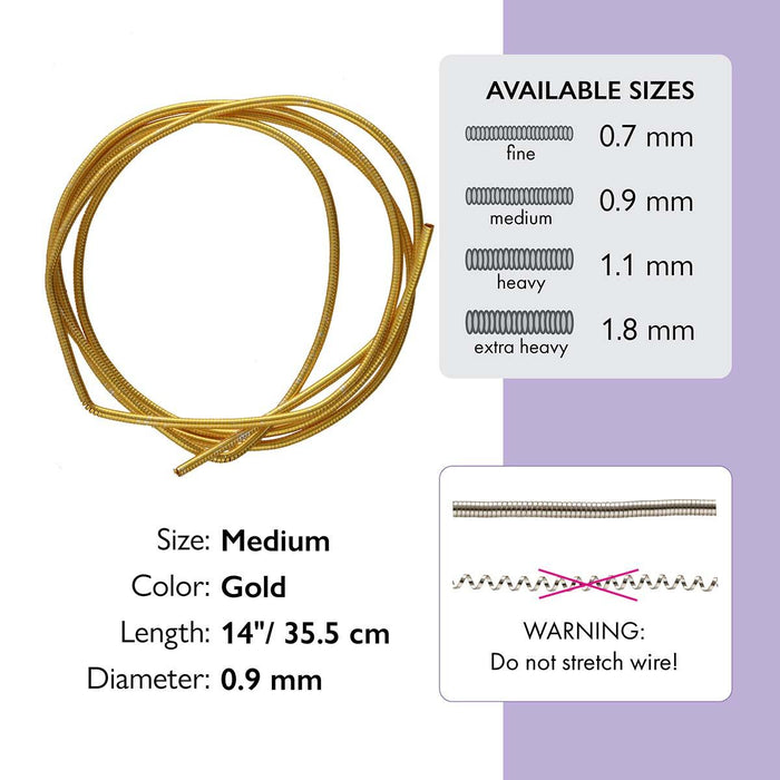 Gold medium French wire loop with size chart: 0.9mm diameter, 14 inch length, and a warning not to stretch the wire