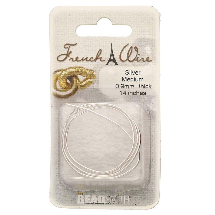 Silver medium French wire, 0.9mm, 14 inches, coiled in its BeadSmith blister pack with printed label