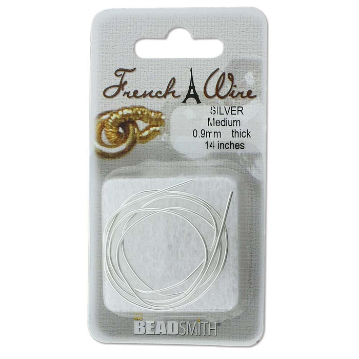 Silver French wire in packaging, front view of the card labeled Silver, Medium, 0.9mm thick, 14 inches