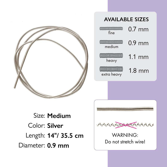 Silver medium French wire loop with size chart: 0.9mm diameter, 14 inch length, and a warning not to stretch the wire