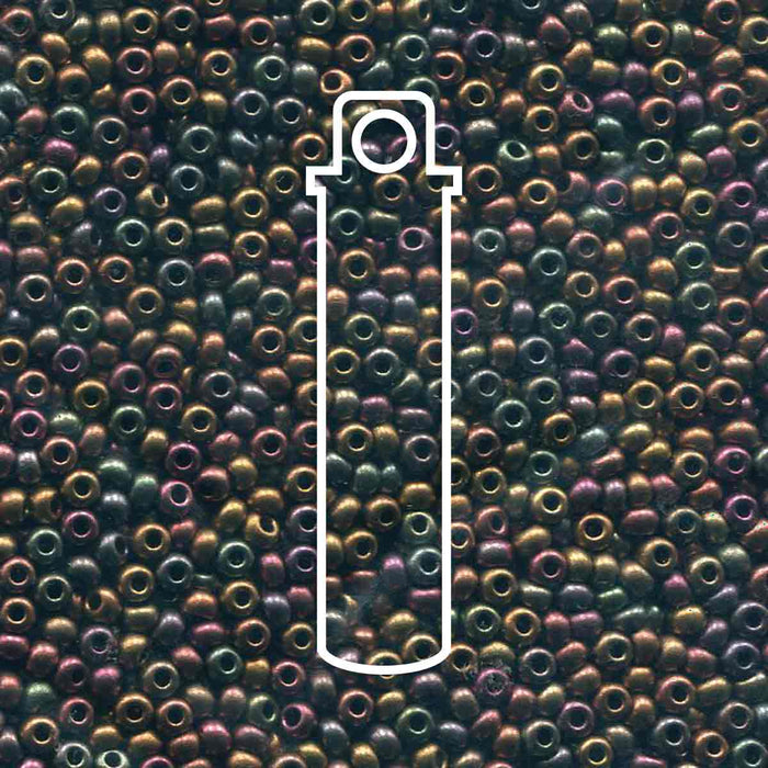 Dark bronze Czech glass seed beads, 6/0, close-up with a tube outline showing the 20g tube