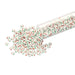 Red and green striped chalk white Czech glass seed beads spilling from a clear tube