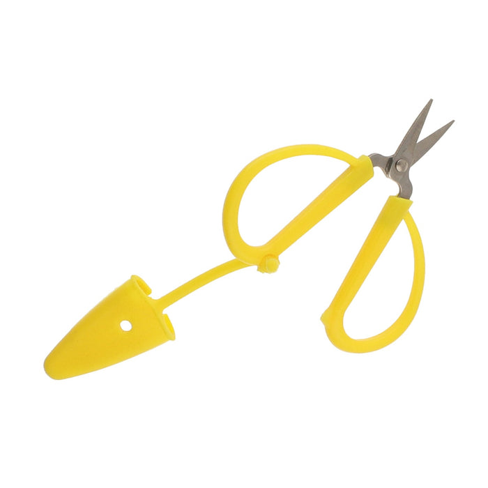 BeadSmith mini scissors with yellow handles and the safety cap detached on its tether, open view