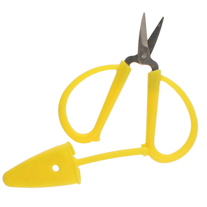 Yellow mini scissors with blades open and the safety cap hanging on its strap below