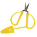 Yellow mini scissors with blades open and the safety cap hanging on its strap below