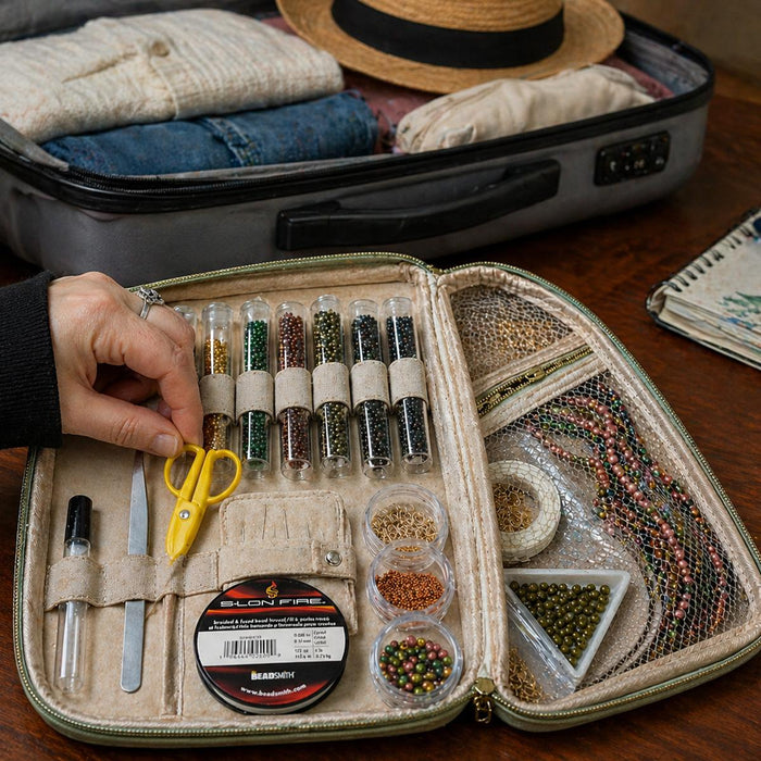 Yellow mini scissors held over an open beading travel case with tubes of seed beads and tools