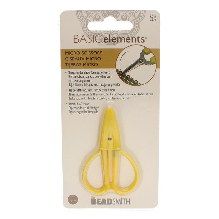 Mini scissors in retail packaging labeled micro scissors, 2.5 in, with attached safety cap