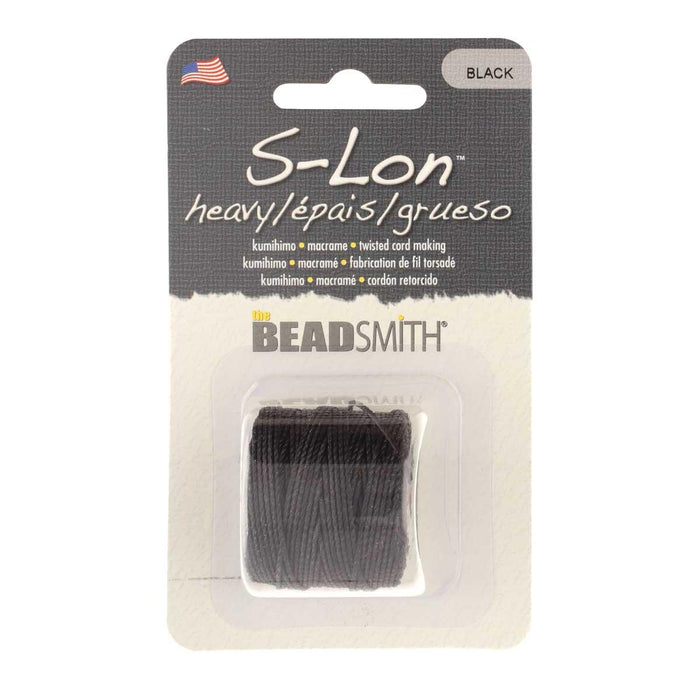 S-Lon 0.9mm black heavy nylon macrame cord spool in its Beadsmith blister package with label