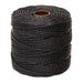 Full spool of black heavy nylon macrame cord seen from the front with its brown cardboard core