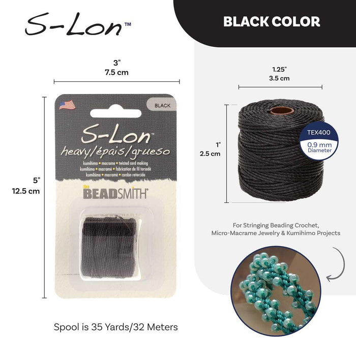 S-Lon black nylon cord spec card: TEX400, 0.9mm diameter, spool 35 yards/32 meters, package 5 x 3 inches