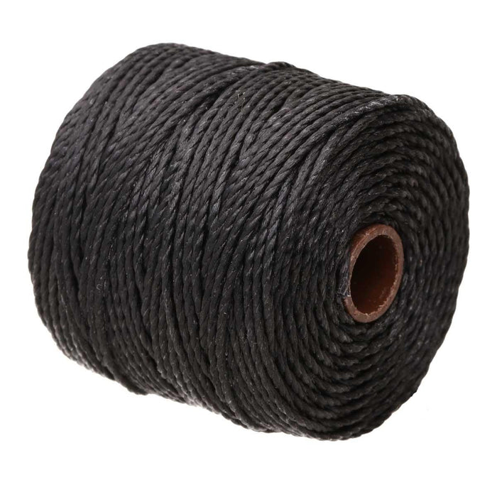Black nylon macrame cord spool angled to show the wound cord layers and the open center hole