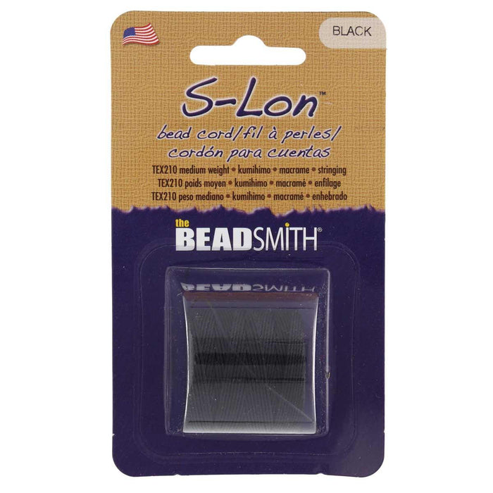 S-Lon black nylon bead cord spool in Beadsmith retail packaging with TEX210 label