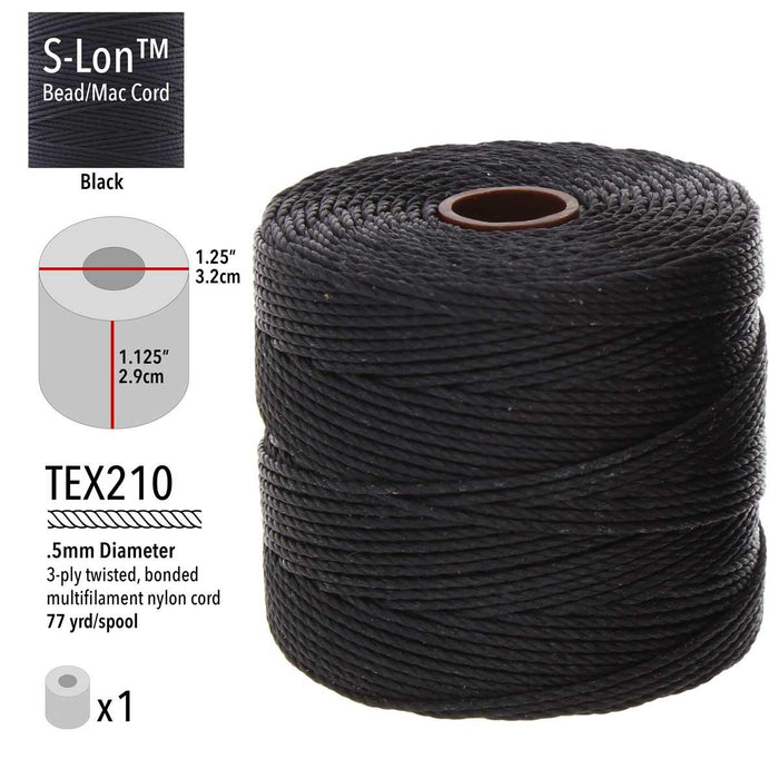 S-Lon black nylon bead cord spool with specs: TEX210, .5mm, 3-ply, 77 yd, 1.25 in wide, 1.125 in tall