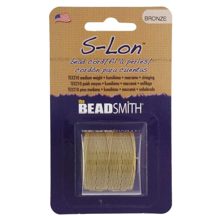S-Lon bronze nylon bead cord spool in its Beadsmith retail card packaging with TEX210 label