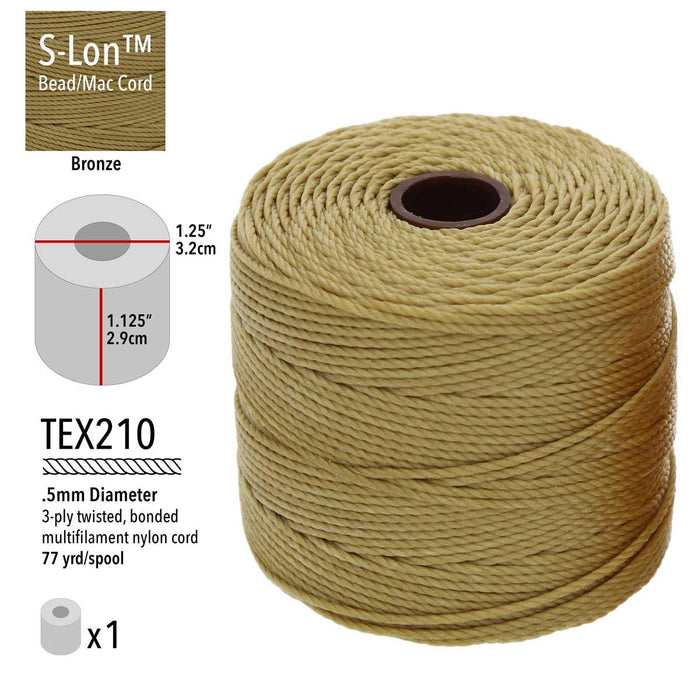 S-Lon bronze bead cord spool with specs: TEX210, .5mm, 3-ply twisted nylon, 77 yards, 1.25 inch by 1.125 inch spool