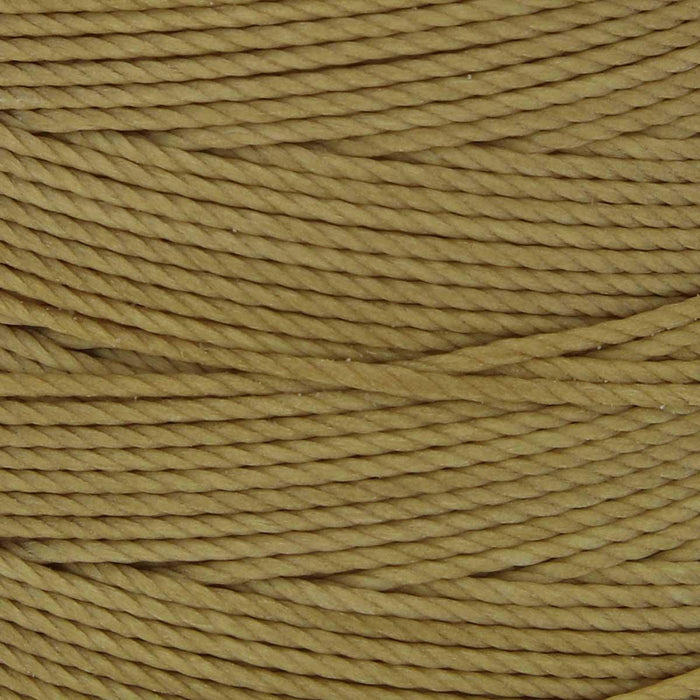 Close-up of the twisted texture of bronze S-Lon nylon bead cord wound in tight rows