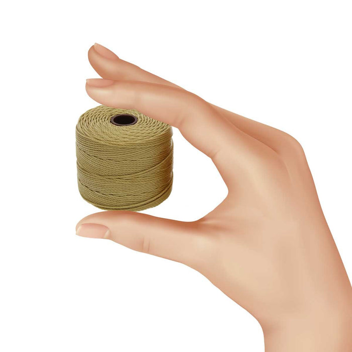 Illustrated hand holding a small spool of bronze S-Lon nylon bead cord to show its size