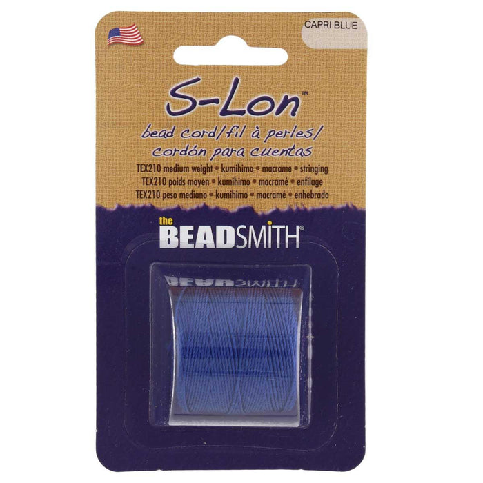 Capri Blue S-Lon nylon bead cord in Beadsmith retail card packaging with label