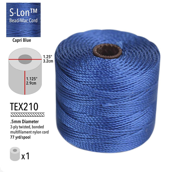 Capri Blue S-Lon bead cord spool with specs: TEX210, .5mm, 3-ply, 77 yd, 1.25 x 1.125 inch spool