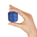 Hand holding a small spool of Capri Blue nylon bead cord to show its size