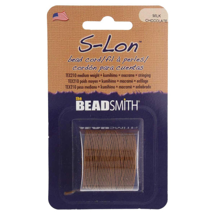 S-Lon milk chocolate nylon bead cord in Beadsmith retail card packaging with TEX210 label