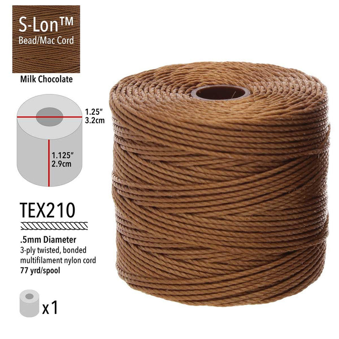 S-Lon milk chocolate nylon bead cord spool with TEX210, .5mm diameter, 3-ply, 77 yard and spool size specs